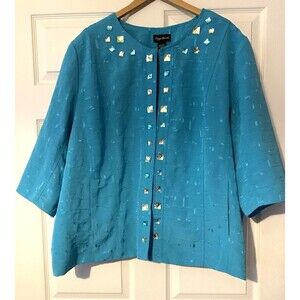 Maggie Barnes Turqouise Jacket with rhinestones size 3X hook and eye closure